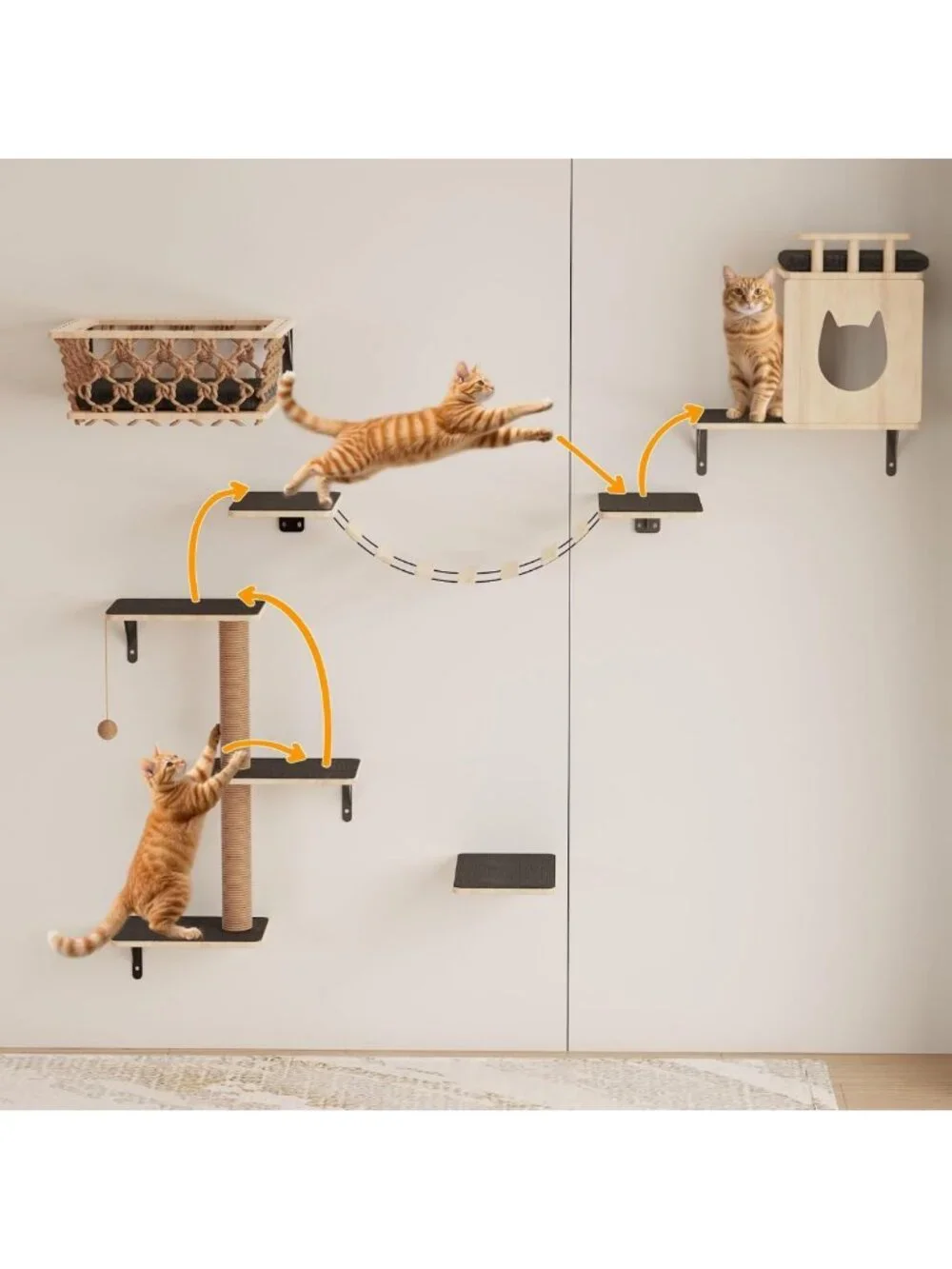 5-in-1 Cat Wall Shelves Set with Hammock, Condo, Bridge & Steps - Indoor Cat